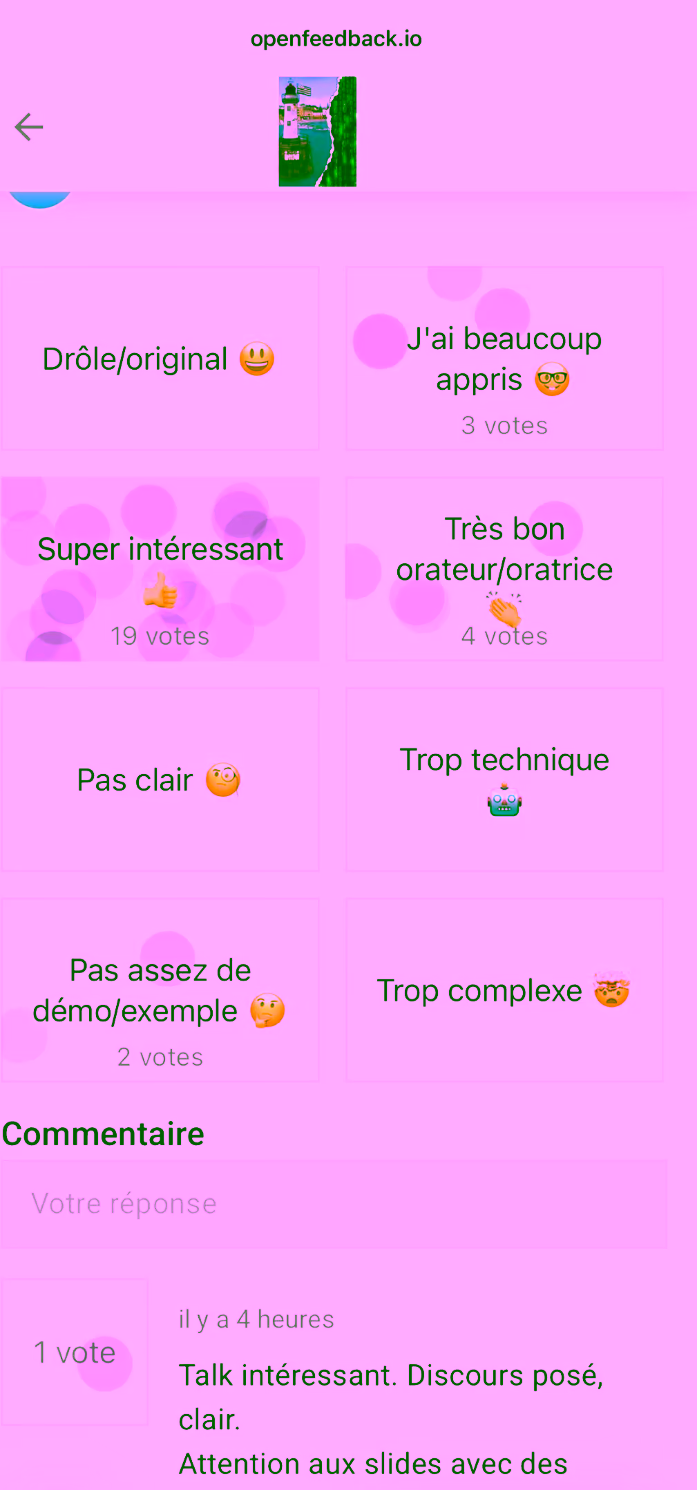 Résultats OpenFeedback de mon talk — 19 votes Super intéressant